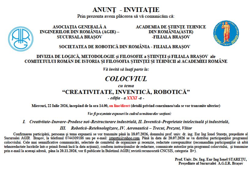 Colocviului AGIR: CREATIVITATE-INVENTICA-ROBOTICA